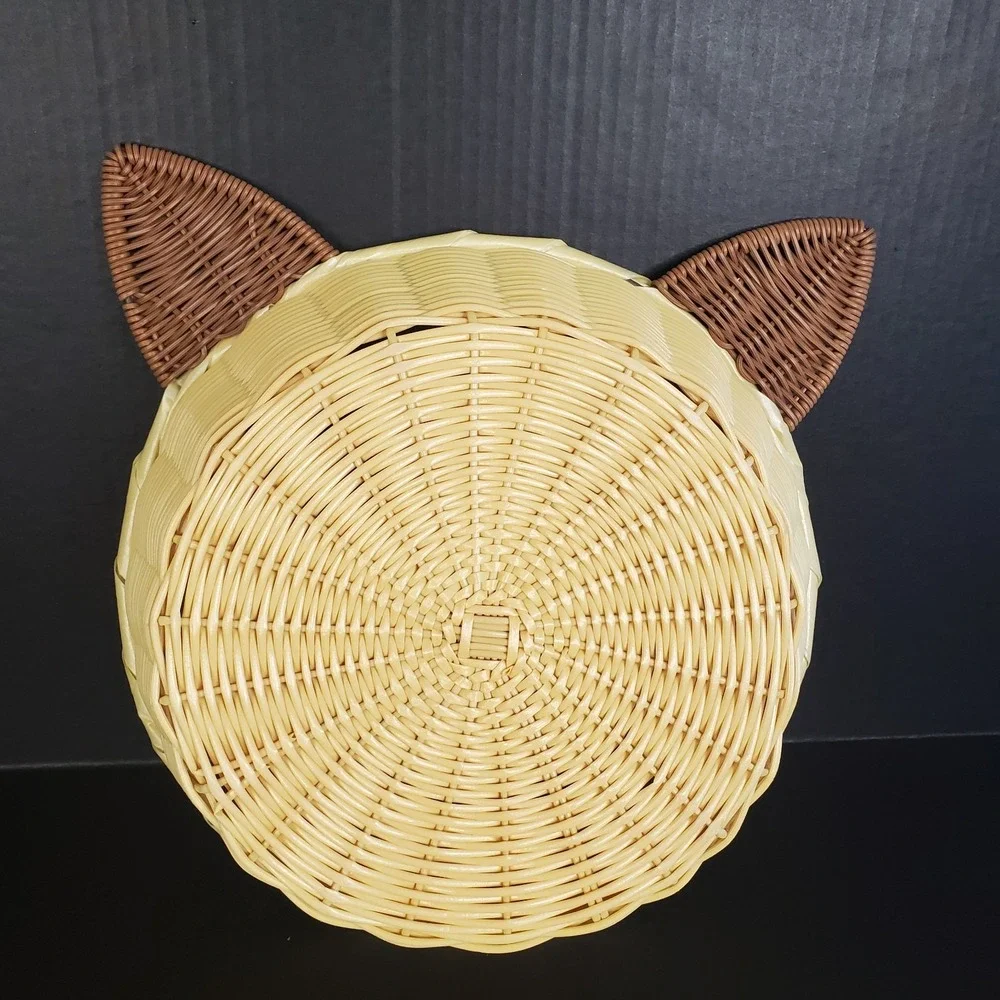 Faux Wicker Woven Cat Ears Round‎ Pet Bed Basket 14x15x4.5